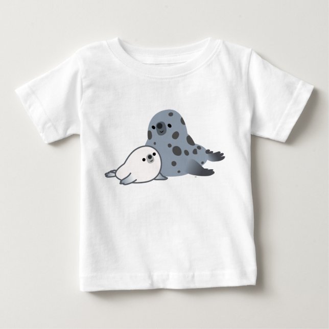 Cute Cartoon Mother Seal And Pup Baby T-Shirt (Front)