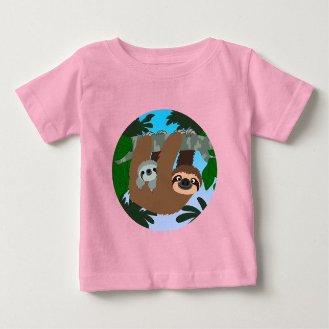 Cute Cartoon Mother Sloth And Baby Baby T-Shirt (Front)