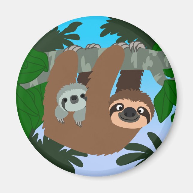 Cute Cartoon Mother Sloth And Baby Magnet (Front)