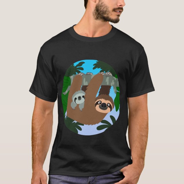Cute Cartoon Mother Sloth And Baby T-Shirt (Front)