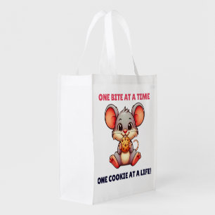 Cute cartoon mouse munching on cookie grocery bag