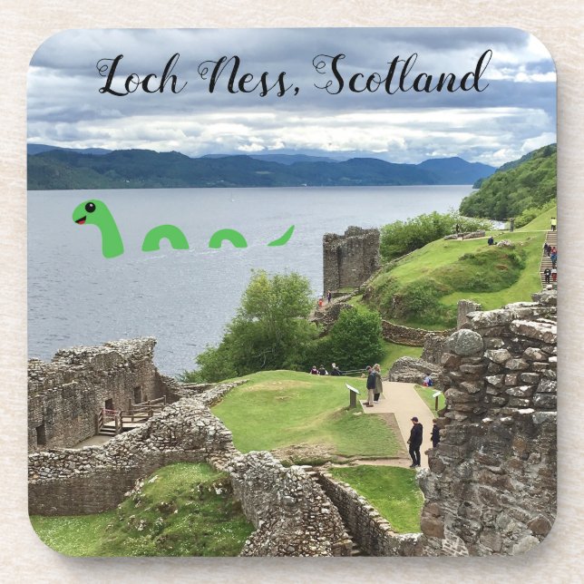 Cute Cartoon Nessie Loch Ness Monster, Scotland Beverage Coaster (Front)