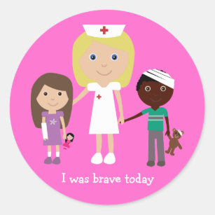 Cute Cartoon Nurse & Children I Was Brave Today Classic Round Sticker