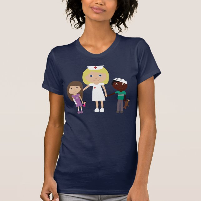 Cute Cartoon Nurse & Children Navy Tee Shirt (Front)
