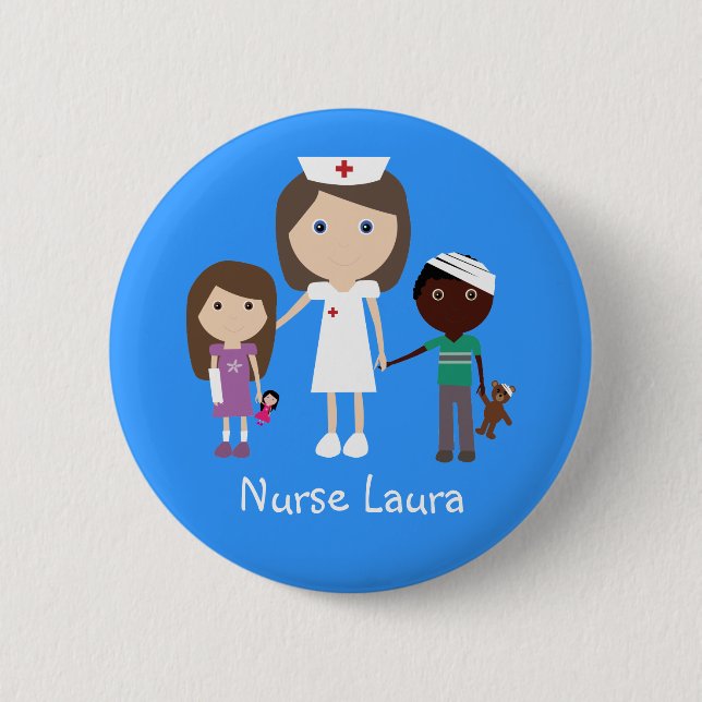 Cute Cartoon Nurse & Children Personalized Button (Front)