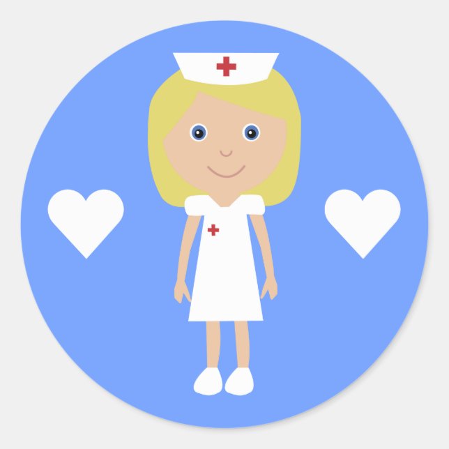Cute Cartoon Nurse & Hearts Customizable Blue Classic Round Sticker (Front)