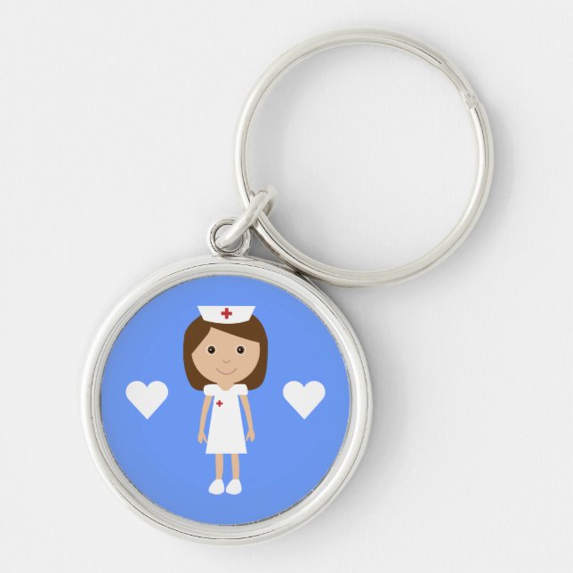 Cute Cartoon Nurse & Hearts Customizable Keychain (Front)