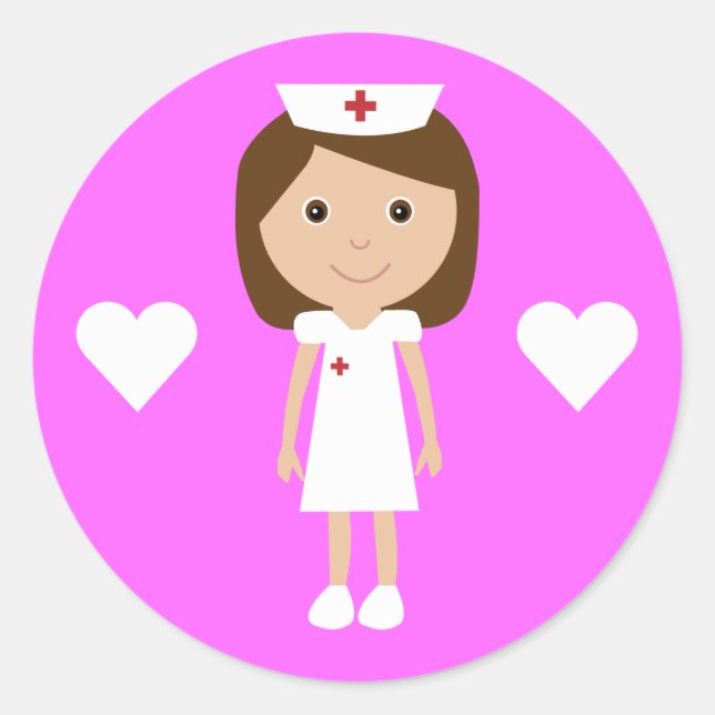 Cute Cartoon Nurse & Hearts Customizable Pink Classic Round Sticker (Front)