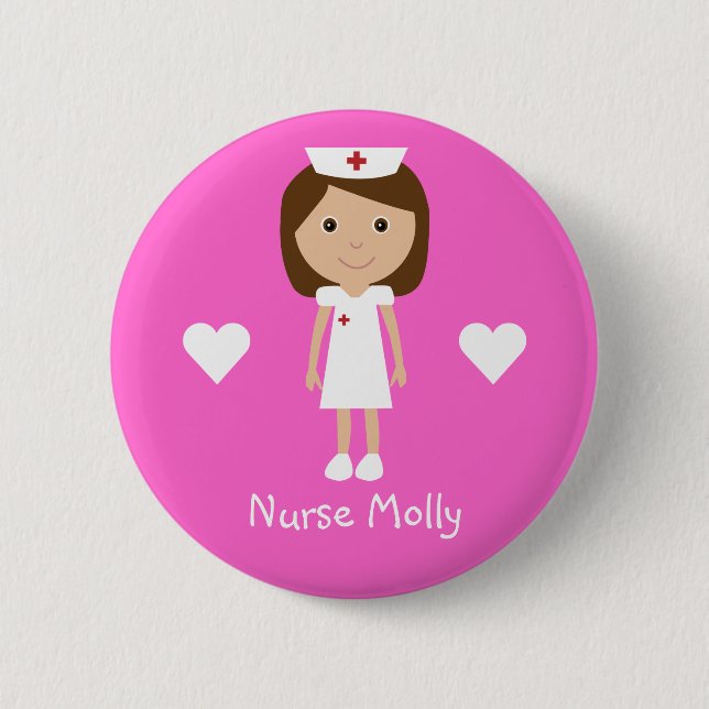Cute Cartoon Nurse & Hearts Personalized Pink Button (Front)