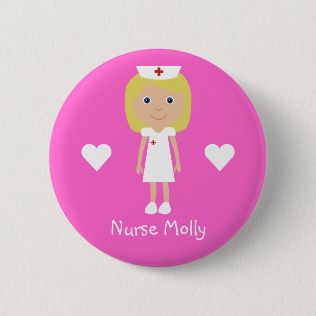 Cute Cartoon Nurse & Hearts Personalized Pink Pinback Button (Front)