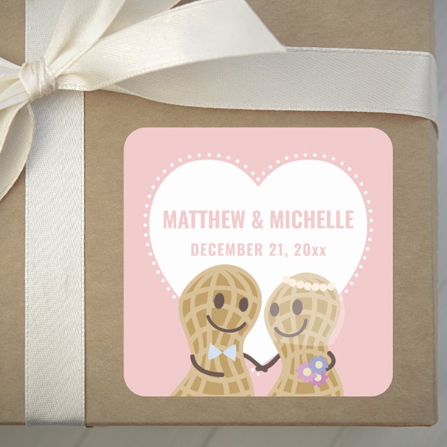 Cute Cartoon Nuts About Each Other Wedding Favor Square Sticker (Creator Uploaded)