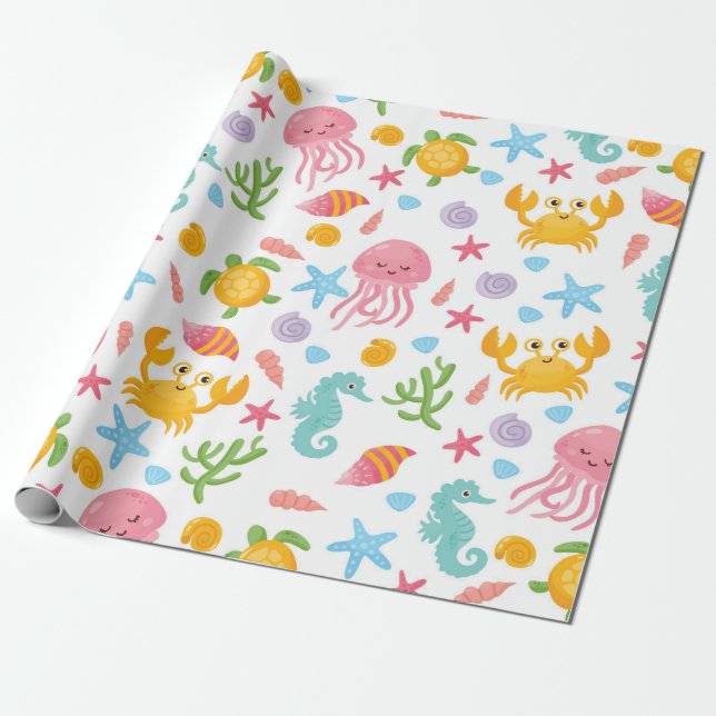 Cute Cartoon Ocean Sea Life Seashell Starfish Gift Wrapping Paper (Unrolled)