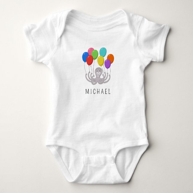 cute Cartoon Octopus and Rainbow Balloons Baby Bodysuit (Front)