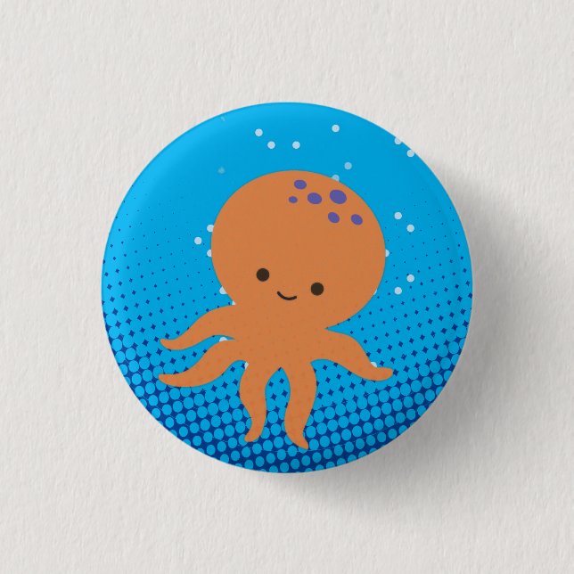 Cute Cartoon Octopus Blue Ocean Button (Front)