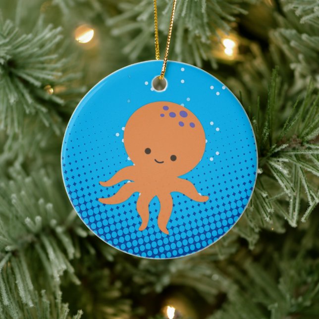 Cute Cartoon Octopus Blue Ocean Ceramic Ornament (Tree)