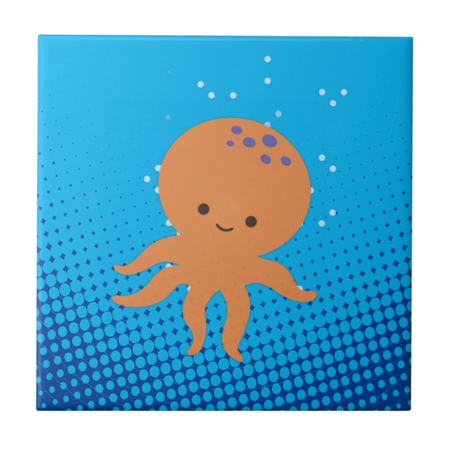 Cute Cartoon Octopus Blue Ocean Ceramic Tile (Front)