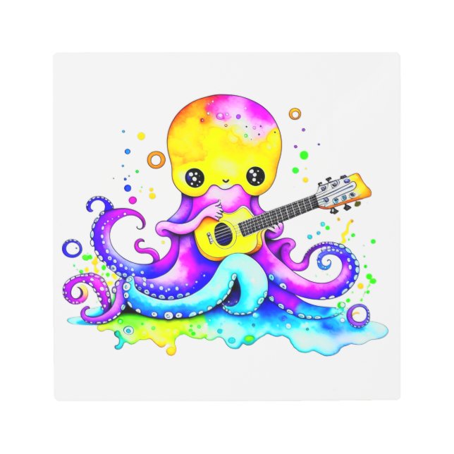 Cute Cartoon Octopus Playing the Guitar  Metal Print (Front)