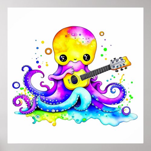 Cute Cartoon Octopus Playing the Guitar  Poster
