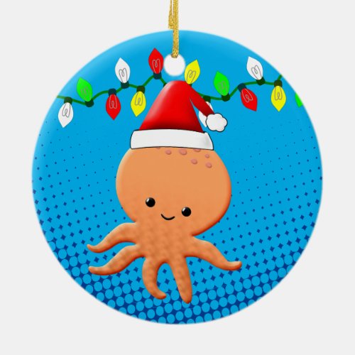 Cute Cartoon Octopus Santa Hat Christmas Lights Ceramic Ornament