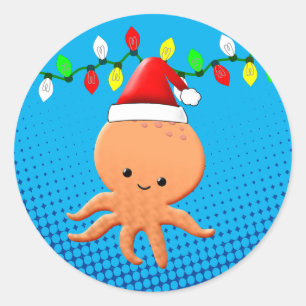 Cute Cartoon Octopus Santa Hat Christmas Lights Classic Round Sticker
