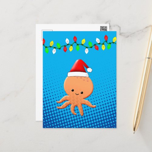 Cute Cartoon Octopus Santa Hat Christmas Lights Postcard