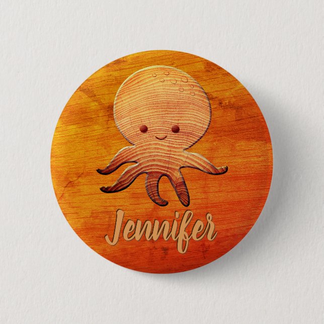 Cute Cartoon Octopus With Faux Wood Print Button (Front)