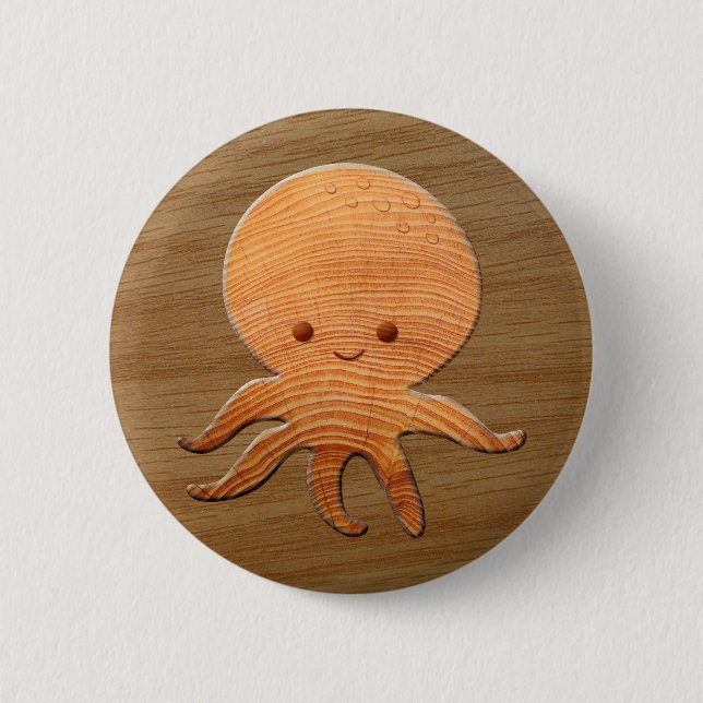 Cute Cartoon Octopus With Faux Wood Print Button (Front)