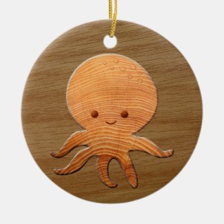 Cute Cartoon Octopus With Faux Wood Print