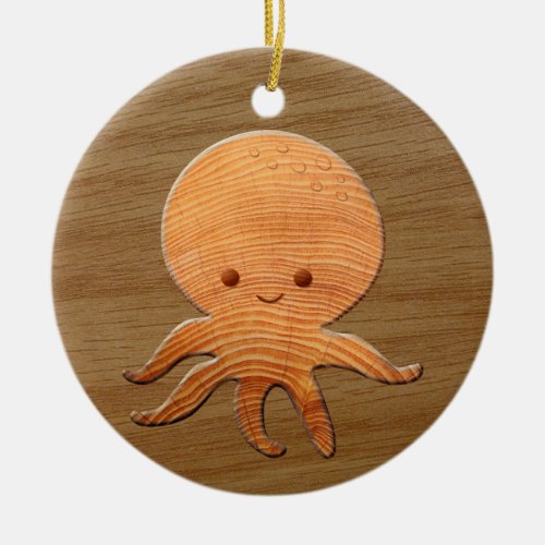 Cute Cartoon Octopus With Faux Wood Print Ceramic Ornament