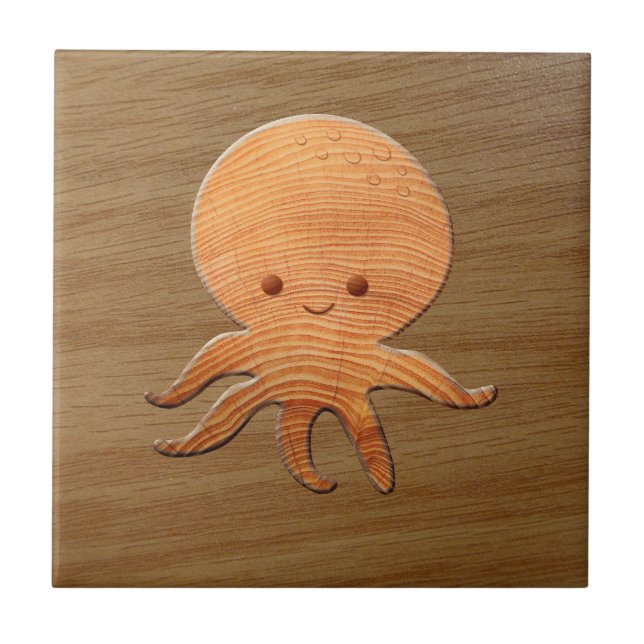 Cute Cartoon Octopus With Faux Wood Print Ceramic Tile (Front)