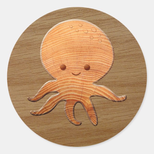 Cute Cartoon Octopus With Faux Wood Print Classic Round Sticker (Front)