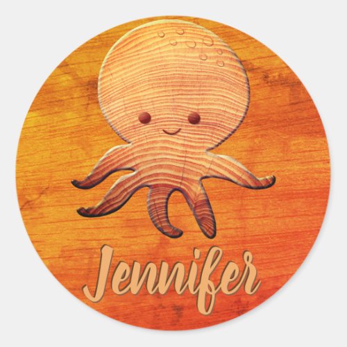 Cute Cartoon Octopus With Faux Wood Print Classic Round Sticker