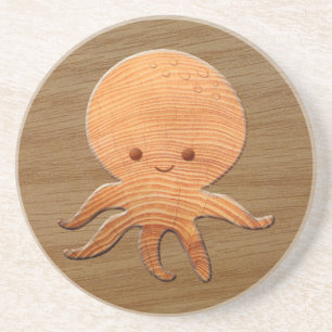 Cute Cartoon Octopus With Faux Wood Print Coaster