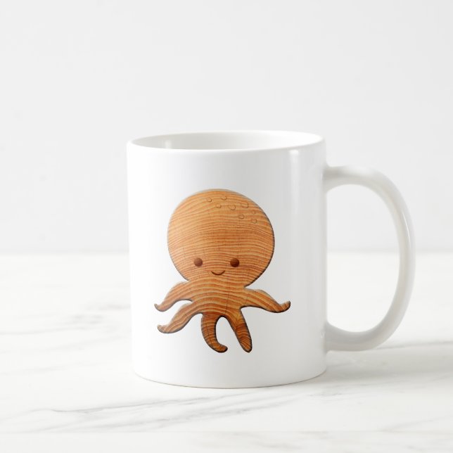 Cute Cartoon Octopus With Faux Wood Print Coffee Mug (Right)