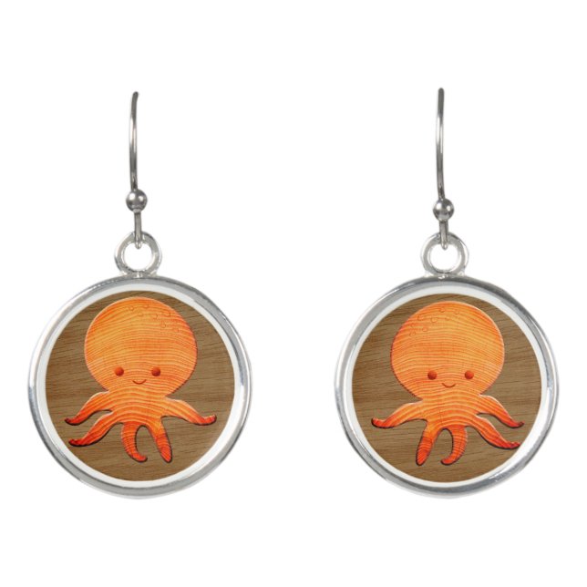 Cute Cartoon Octopus With Faux Wood Print Earrings (Front)