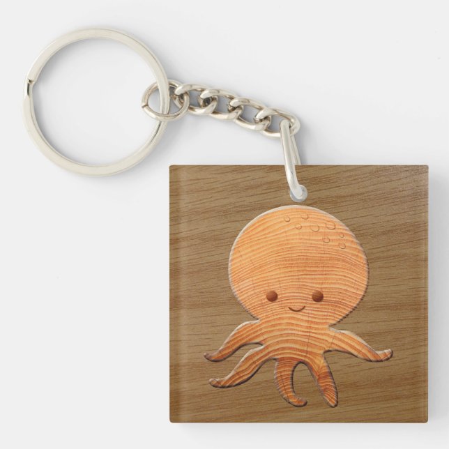 Cute Cartoon Octopus With Faux Wood Print Keychain (Front)