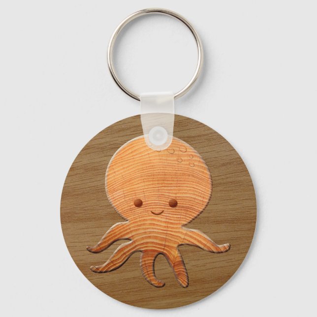 Cute Cartoon Octopus With Faux Wood Print Keychain (Front)