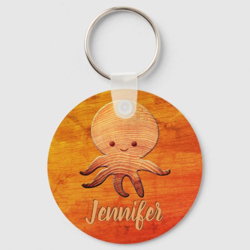 Cute Cartoon Octopus With Faux Wood Print Keychain