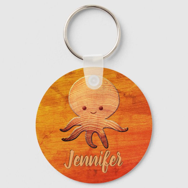 Cute Cartoon Octopus With Faux Wood Print Keychain (Front)