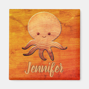 Cute Cartoon Octopus With Faux Wood Print Magnet