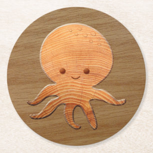 Cute Cartoon Octopus With Faux Wood Print Round Paper Coaster