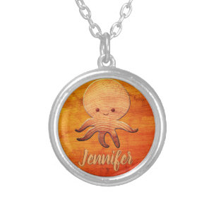 Cute Cartoon Octopus With Faux Wood Print Silver Plated Necklace