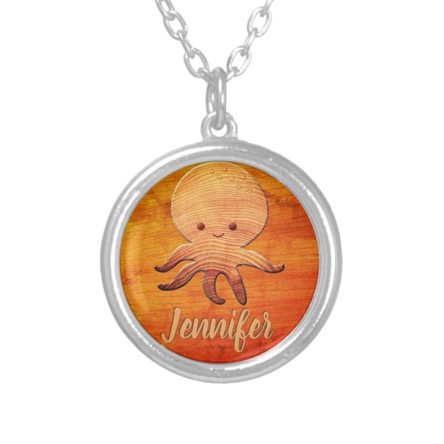 Cute Cartoon Octopus With Faux Wood Print Silver Plated Necklace (Front)
