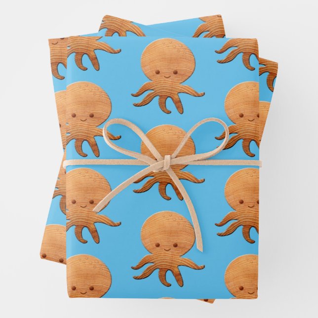 Cute Cartoon Octopus With Faux Wood Print Wrapping Paper Sheets (In situ)