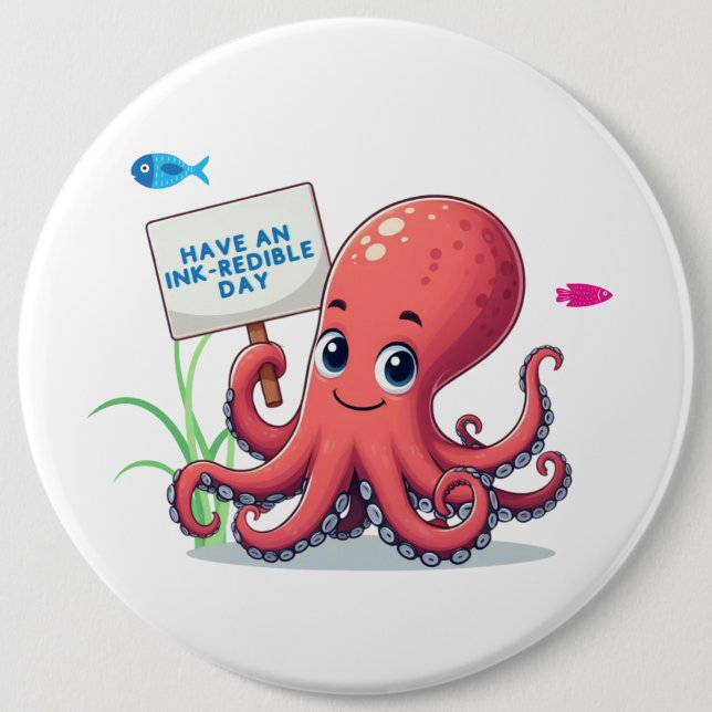 Cute, cartoon octopus with fish button (Front)