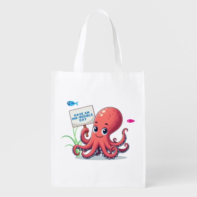 Cute, cartoon octopus with fish grocery bag (Front)