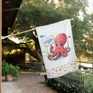 Cute, cartoon octopus with fish house flag