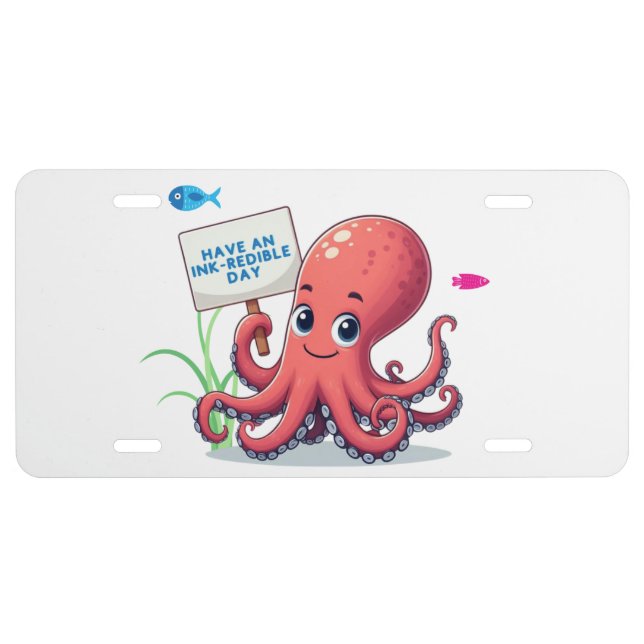 Cute, cartoon octopus with fish license plate (Front)