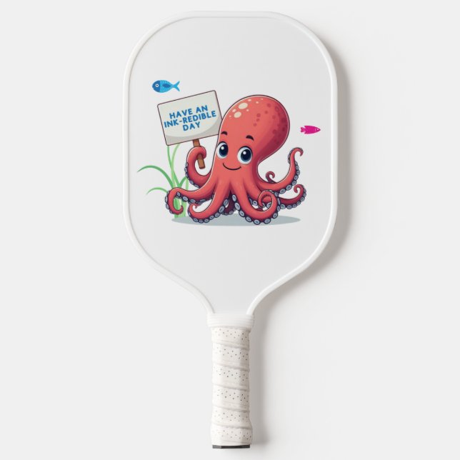 Cute, cartoon octopus with fish pickleball paddle (Front)