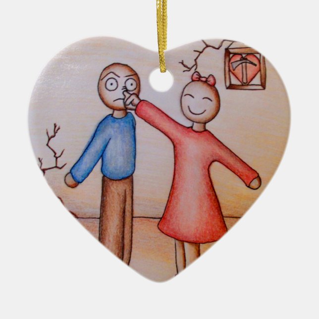 Cute Cartoon of Girl Picking Boys Nose Ceramic Ornament (Front)